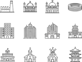 Fototapeta premium Set of City Buildings and Landmark Icons - Editable Stroke Vector