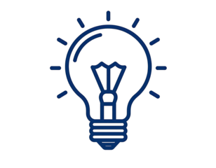 A stylized, glowing blue outline of a lightbulb