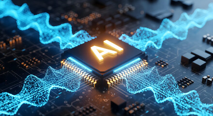 Futuristic AI chip processing data with glowing blue energy waves