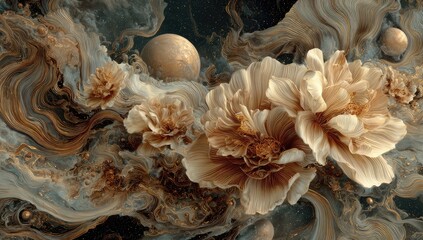 Opulent beige and gold flowers bloom amidst swirling, marble-like nebulae, speckled with gold dust and orbited by celestial bodies