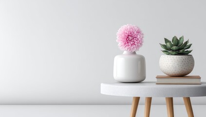 Minimalist scene a light pink flower in a white vase and a succulent in a patterned pot rest on a small round white table against a plain white wall.  A book sits beneath the pot