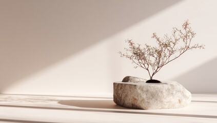 Minimalist scene  A dried plant in a rough-hewn, light-colored stone vessel sits on a pale wood surface, bathed in soft sunlight casting shadows on a neutral wall