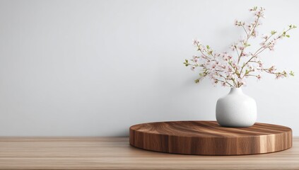 Minimalist scene a white vase with delicate pink blossoms sits on a dark wood circular stand against a light wall