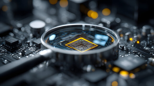 A detailed IT Security Risk Assessment concept is depicted in an abstract technology environment featuring a magnifying glass.