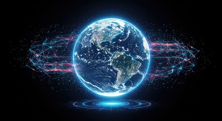 Obraz premium A glowing digital representation of Earth, surrounded by a network of interconnected nodes and light trails, symbolizing global connectivity and technology.