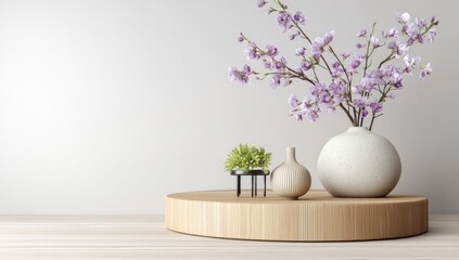 Minimalist scene featuring a wooden platform holding a ceramic vase with lilac blossoms, a small succulent on a stand, and a beige ceramic object against a white wall