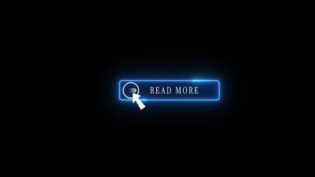 Glowing neon Read More text cursor animation pointing towards read more button in looping with transparent background 4k video animation 4k Motion video.