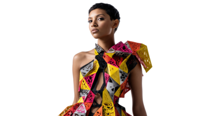 Model in a bold geometric dress with intricate cutouts, isolated on a Transparent background, PNG file.