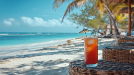 A tropical drink with a paper umbrella sits on a wicker table at a beach. The ocean and palm trees are visible in the background. AI.