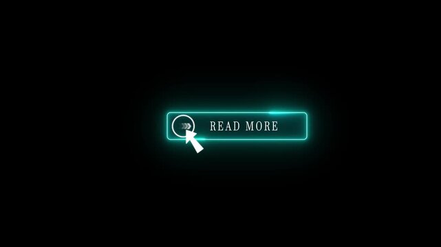 Glowing neon Read More text cursor animation pointing towards read more button in looping with transparent background 4k video animation 4k Motion video.