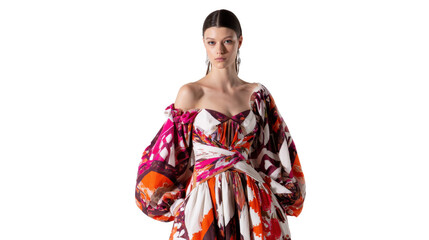 Model in a statement printed silk gown with voluminous sleeves, isolated on a Transparent background, PNG file.