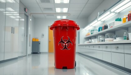 Red biohazard waste receptacle in a sterile lab setting,  contaminated,  red