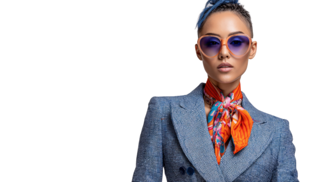 Model in a tailored modern suit with bold accessories, isolated on a Transparent background, PNG file.