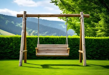 Wooden swing in a green garden with mountains behind