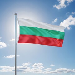 A vibrant depiction of the Bulgarian flag billowing against a clear, cloud-filled sky.