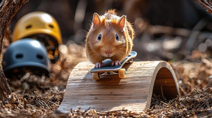 A guinea pig stands on a skateboard atop a curved wooden ramp. Helmets are in the background. AI.
