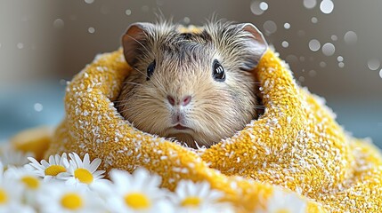 A furry guinea pig is wrapped in a yellow towel, surrounded by white daisies. AI.