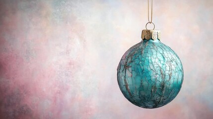 Blue ornament hangs with gold top and string against a mottled pink and blue background. AI.