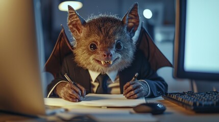 Bat-like creature in suit at a desk, holding pens and writing on paper with computer and keyboard in view. AI.