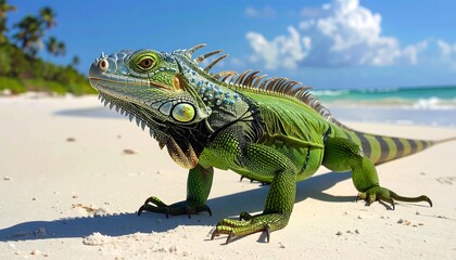 Tropical iguana basking on a pristine beach