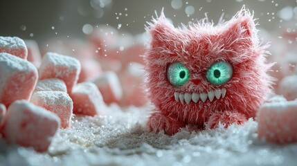 A fuzzy, red cat-like creature with bright green eyes and sharp teeth sits near pink, sugar-dusted treats. AI.