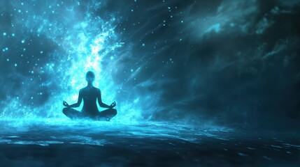 Obraz premium A person meditating with a glowing aura, representing inner peace and a protected on blurred background