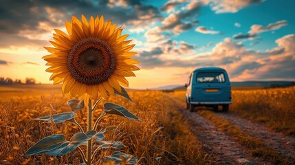 Sunflower in a field. Van on a dirt road. Sky with clouds at sunset. AI.