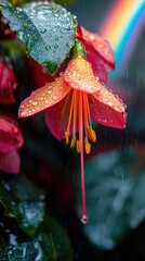 Orange flower with long stamens and red petals is covered with water droplets. A leaf is behind it and rainbow is above. AI.