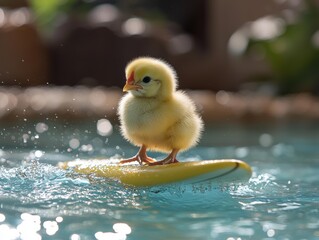 A small yellow chick stands on a small yellow surfboard in the water. AI.