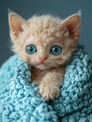 Cute, tan, curly-haired kitten with bright blue eyes wrapped in a fluffy, light-blue blanket. AI.