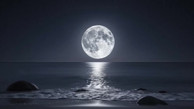 A brilliant full moon illuminates a serene nightscape, hanging in a dark, starry sky over a calm ocean. Its bright light creates a shimmering reflection on the water's surface as gentle waves wash ove