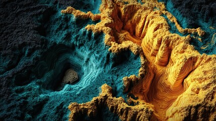 Vibrant aerial view of colorful sulfur crater landscape with deep turquoise and bright yellow mineral formations and rugged terrain
