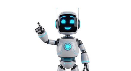 Friendly robot pointing upwards on a white surface, suggesting a solution with its bright blue screen and cheerful expression.