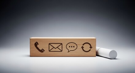 Contact us information on wooden block with phone, email, message and refresh icon