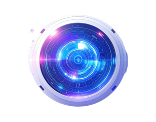 Futuristic, circular interface with glowing, layered concentric rings and light trails