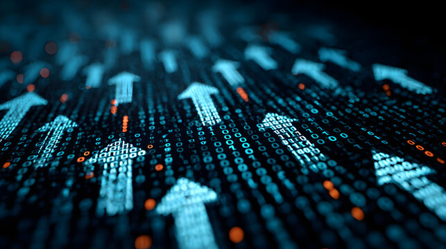 Blue digital upward arrows on binary code background for tech upload concept