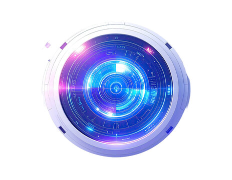 Futuristic, circular interface with glowing, layered concentric rings and light trails
