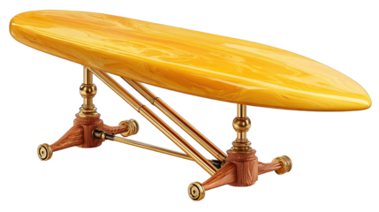Yellow surfboard-shaped table, brass legs