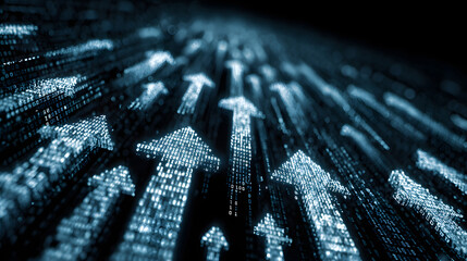 Blue digital upward arrows on binary code background for tech upload concept