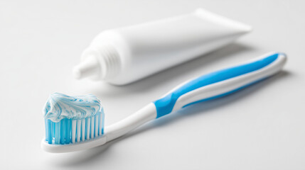 白い背景に、歯磨き粉をつけた歯ブラシとチューブが置かれている清潔感のある日用品