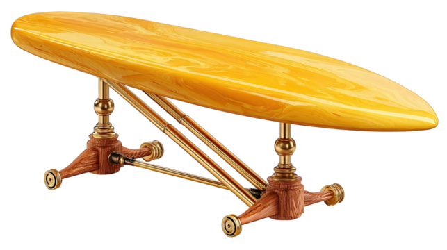 Yellow surfboard-shaped table, brass legs
