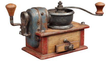 Vintage hand-crank coffee grinder, rustic, with wooden handles and metal parts, showing signs of age