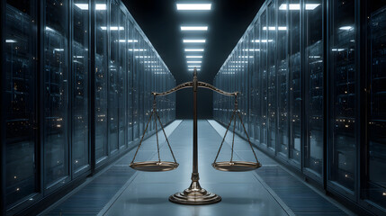 Data justice scales server room; digital data flows to scales of justice in a server farm; concept for legal tech, cybersecurity, data privacy, or AI ethics