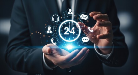 24 hour customer support service concept with icons in the hands of a businessman
