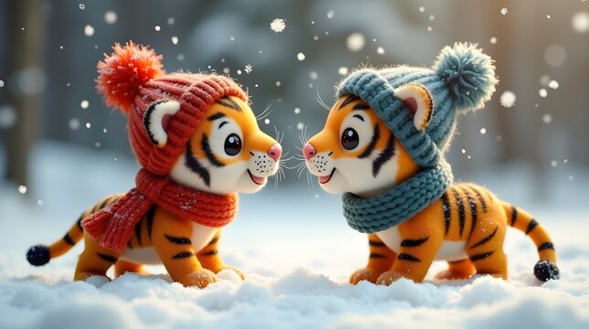 Cute Tiger Cubs in Winter Hats and Scarves Playing in Snow Adorable Baby Tigers - Powered by Adobe