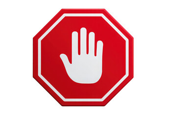 Red stop sign featuring a white hand symbol.