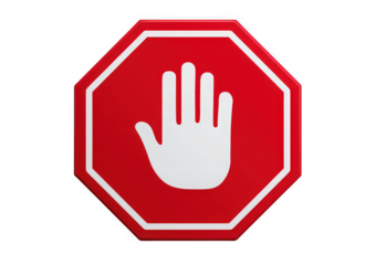 Red stop sign featuring a white hand symbol.