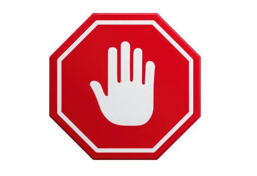 Red stop sign featuring a white hand symbol.