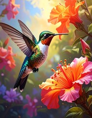 Obraz premium A vibrant hummingbird hovers amidst a profusion of colorful hibiscus flowers, bathed in the warm glow of sunlight.