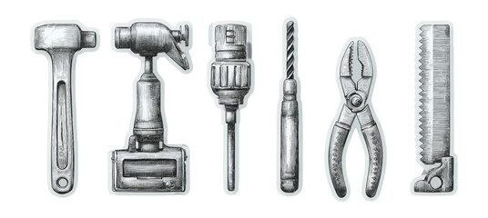 Fototapeta premium Collection of Hand Tools in Shades of Gray on Isolated Transparent Background